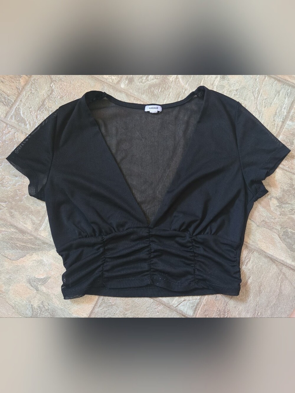 Garage Black Deep V Ruched Crop Top